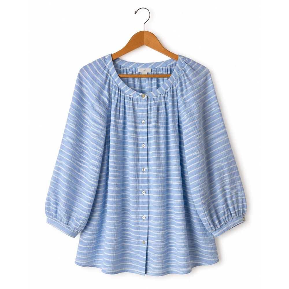 J Jill Tunic Top Women 3X Blue White Striped Cotton Gauze Preppy Coastal Boho